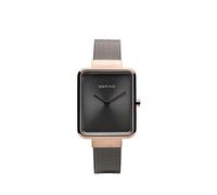 BERING 14528-369 Reloj de cuarzo para mujer con caja de acero inoxidable de 28 mm con acabado en oro rosa y esfera gris, correa milanesa, cristal de zafiro y resistencia al agua de 3 ATM