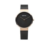 BERING 14531-166 Reloj de cuarzo para mujer con caja de acero inoxidable de 31 mm con acabado en oro rosa y esfera negra, correa milanesa, cristal de zafiro y resistencia al agua de 5 ATM