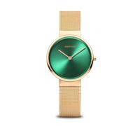 BERING 14531-338 Reloj de cuarzo para mujer con caja de acero inoxidable de 31 mm con acabado dorado y esfera verde, correa milanesa, cristal de zafiro y resistencia al agua de 5 ATM