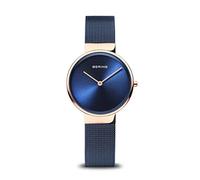 BERING 14531-367 Reloj de cuarzo para mujer con caja de acero inoxidable de 31 mm con acabado en oro rosa y esfera azul, correa milanesa, cristal de zafiro y resistencia al agua de 5 ATM