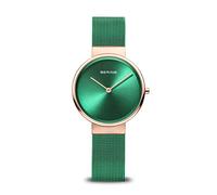 BERING 14531-868 Reloj de cuarzo para mujer con caja de acero inoxidable de 31 mm con acabado en oro rosa y esfera verde, correa milanesa, cristal de zafiro y resistencia al agua de 5 ATM