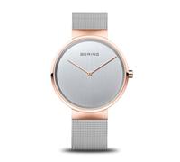 BERING 14539-060 Reloj de cuarzo para mujer con caja de acero inoxidable de 39 mm con acabado en oro rosa y esfera plateada, correa milanesa, cristal de zafiro y resistencia al agua de 5 ATM