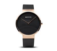 BERING 14539-166 Reloj de cuarzo unisex con caja de acero inoxidable de 39 mm con acabado en oro rosa y esfera negra, correa milanesa, cristal de zafiro y resistencia al agua de 5 ATM