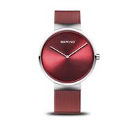 BERING 14539-303 Reloj de cuarzo para mujer con caja de acero inoxidable plateado de 39 mm y esfera roja, correa milanesa, cristal de zafiro y resistencia al agua de 5 ATM