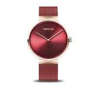 BERING 14539-363 Reloj de cuarzo para mujer con caja de acero inoxidable de 39 mm con acabado en oro rosa y esfera roja, correa milanesa, cristal de zafiro y resistencia al agua de 5 ATM