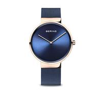 BERING 14539-367 Reloj de cuarzo para mujer con caja de acero inoxidable de 39 mm con acabado en oro rosa y esfera azul, correa milanesa, cristal de zafiro y resistencia al agua de 5 ATM