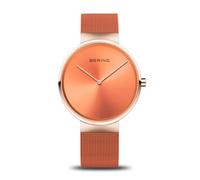 Bering 14539-565 Reloj de Cuarzo Unisex con Caja de Acero Inoxidable de 39 mm con Acabado en Oro Rosa y Esfera Naranja, Correa milanesa, Cristal de Zafiro y Resistencia al Agua de 5 ATM