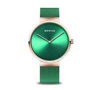 BERING 14539-868 Reloj de cuarzo unisex con caja de acero inoxidable de 39 mm con acabado en oro rosa y esfera verde, correa milanesa, cristal de zafiro y resistencia al agua de 5 ATM