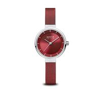 BERING 14627-303 Reloj solar para mujer con caja de acero inoxidable plateado de 27 mm y esfera roja, correa milanesa, cristal de zafiro y resistencia al agua de 5 ATM