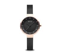 BERING 14631-166 Reloj solar para mujer con caja de acero inoxidable de 31 mm con acabado en oro rosa y esfera negra, correa milanesa, cristal de zafiro y resistencia al agua de 5 ATM