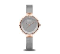 BERING 14631-369 Reloj solar para mujer con caja de acero inoxidable de 31 mm con acabado en oro rosa y esfera gris, correa milanesa, cristal de zafiro y resistencia al agua de 5 ATM