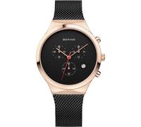 BERING 14736-166 Reloj de cuarzo para mujer con caja de acero inoxidable de 36 mm con acabado en oro rosa y esfera negra, correa milanesa, cristal de zafiro y resistencia al agua de 3 ATM