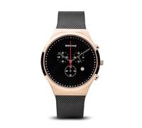 BERING 14736-166 Reloj de cuarzo para mujer con caja de acero inoxidable de 36 mm con acabado en oro rosa y esfera negra, correa milanesa, cristal de zafiro y resistencia al agua de 3 ATM