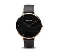 BERING 14839-462 Reloj de cuarzo para mujer con caja de acero inoxidable de 39 mm con acabado en oro rosa y esfera negra, correa de piel de becerro, cristal de zafiro y resistencia al agua de 3 ATM