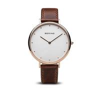 BERING 14839-564 Reloj de cuarzo para mujer con caja de acero inoxidable de 39 mm con acabado en oro rosa y esfera plateada, correa de piel de becerro, cristal de zafiro y resistencia al agua de 3 ATM