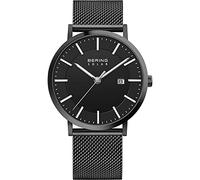 BERING 15439-222 Reloj solar para hombre con caja de acero inoxidable de 39 mm con acabado negro y esfera negra, correa milanesa, cristal de zafiro y resistencia al agua de 10 ATM