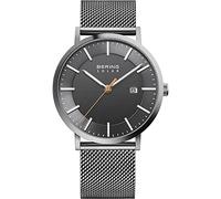 BERING 15439-377 Reloj solar para hombre con caja de acero inoxidable plateado de 39 mm y esfera gris, correa milanesa, cristal de zafiro y resistencia al agua de 10 ATM