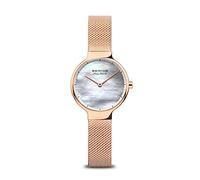 BERING 15527-364 Reloj de Cuarzo para Mujer con Caja de Acero Inoxidable de 27 mm con Acabado en Oro Rosa y Esfera Blanca, Correa milanesa, Cristal de Zafiro y Resistencia al Agua de 5 ATM