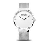 BERING 15540-004 Reloj de cuarzo para hombre con caja de acero inoxidable plateado de 40 mm y esfera blanca, correa milanesa, cristal de zafiro y resistencia al agua de 5 ATM