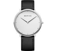 BERING 15739-404 Reloj de cuarzo unisex con caja de acero inoxidable plateado de 39 mm y esfera blanca, correa de piel de becerro, cristal de zafiro y resistencia al agua de 3 ATM