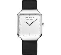 BERING 15832-409 Reloj de cuarzo para mujer con caja de acero inoxidable plateado de 32 mm y esfera blanca, correa de piel de becerro, cristal de zafiro y resistencia al agua de 3 ATM