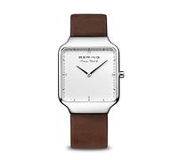 BERING 15832-504 Reloj de cuarzo para mujer con caja de acero inoxidable plateado de 32 mm y esfera blanca, correa de piel de becerro, cristal de zafiro y resistencia al agua de 3 ATM