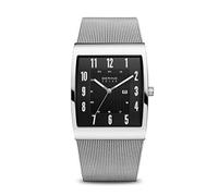 BERING 16433-002 Reloj solar para hombre de 33 mm con caja de acero inoxidable plateado y esfera negra, correa milanesa, cristal de zafiro y resistencia al agua de 3 ATM