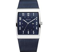 BERING 16433-307 Reloj solar para hombre con caja de acero inoxidable plateado de 33 mm y esfera azul, correa milanesa, cristal de zafiro y resistencia al agua de 3 ATM