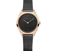 BERING 17031-166 Reloj de cuarzo unisex con caja de acero inoxidable de 31 mm con acabado en oro rosa y esfera negra, correa milanesa, cristal de zafiro y resistencia al agua de 3 ATM
