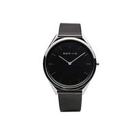 BERING 17039-102 Reloj de cuarzo unisex con caja de acero inoxidable plateado de 39 mm y esfera negra, correa milanesa, cristal de zafiro y resistencia al agua de 3 ATM