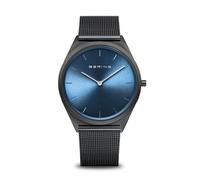 BERING 17039-227 Reloj de cuarzo unisex con caja de acero inoxidable de 39 mm con acabado negro y esfera azul, correa milanesa, cristal de zafiro y resistencia al agua de 3 ATM
