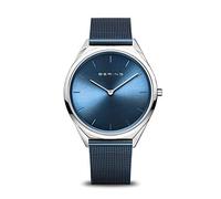 BERING 17039-307 Reloj de cuarzo unisex con caja de acero inoxidable plateado de 39 mm y esfera azul, correa milanesa, cristal de zafiro y resistencia al agua de 3 ATM