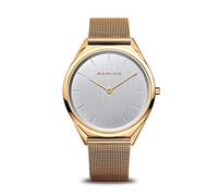 BERING 17039-334 Reloj de cuarzo unisex con caja de acero inoxidable de 39 mm con acabado dorado y esfera plateada, correa milanesa, cristal de zafiro y resistencia al agua de 3 ATM