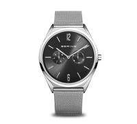 BERING 17140-002 Reloj de cuarzo unisex con caja de acero inoxidable plateado de 40 mm y esfera negra, correa milanesa, cristal de zafiro y resistencia al agua de 3 ATM