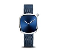 BERING 18034-307 Reloj de cuarzo para mujer con caja de acero inoxidable plateado de 34 mm y esfera azul, correa milanesa, cristal de zafiro y resistencia al agua de 3 ATM