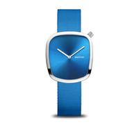BERING 18034-308 Reloj de Cuarzo para Mujer con Caja de Acero Inoxidable Plateado de 30 mm y Esfera Azul, Correa Estilo Militar, Cristal de Zafiro y Resistencia al Agua de 3 ATM