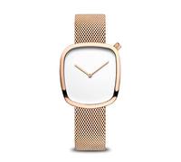 BERING 18034-364 Reloj de cuarzo para mujer con caja de acero inoxidable de 34 mm con acabado en oro rosa y esfera blanca, correa milanesa, cristal de zafiro y resistencia al agua de 3 ATM
