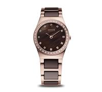 BERING 32426-765 Reloj de cuarzo para mujer, caja de acero inoxidable de 26 mm con acabado en oro rosa, esfera marrón, brazalete de acero inoxidable y detalles en cerámica, resistencia al agua 5 ATM