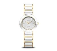BERING Ceramic - Reloj de pulsera para mujer, acero inoxidable con elementos cerámicos, oro blanco bicolor, cristal de zafiro, 4 diamantes, movimiento de cuarzo, 29 mm