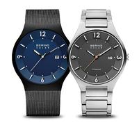 BERING Hombre Análoga Solar Reloj de Pulsera de colección Negro/Azul & Gris/Gris con Titanio Pulsera und Cristal de Zafiro, Resistente a Rayaduras y Golpes, Carga Solar