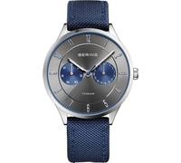 BERING 11539-873 Reloj de cuarzo para hombre con caja de titanio de 39 mm con acabado plateado y esfera gris, correa estilo militar, cristal de zafiro y resistencia al agua de 5 ATM