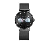 BERING 14236-123 Reloj de cuarzo para mujer de 36 mm con caja de acero inoxidable con acabado negro y esfera negra, correa milanesa, cristal de zafiro y resistencia al agua de 3 ATM