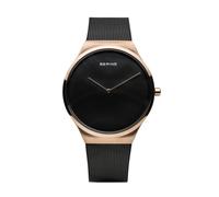 BERING 12138-166 Reloj de cuarzo unisex con caja de acero inoxidable de 38 mm con acabado en oro rosa y esfera negra, correa milanesa, cristal de zafiro y resistencia al agua de 3 ATM
