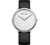 BERING 15739-404 Reloj de cuarzo unisex con caja de acero inoxidable plateado de 39 mm y esfera blanca, correa de piel de becerro, cristal de zafiro y resistencia al agua de 3 ATM