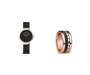 BERING Unisex Análoga Cuarzo Reloj de Pulsera de colección + Anillos Combinados Intercambiables para Mujer en Oro Rosa y Negro con el Exclusivo Sistema Twist & Change, Yangtze