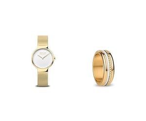 BERING Unisex Análoga Cuarzo Reloj de Pulsera de colección + Anillos Combinados Intercambiables para Mujer en Oro y Blanco con el Exclusivo Sistema Twist & Change, Kasai