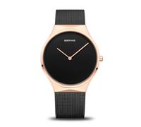 BERING 12138-166 Reloj de cuarzo unisex con caja de acero inoxidable de 38 mm con acabado en oro rosa y esfera negra, correa milanesa, cristal de zafiro y resistencia al agua de 3 ATM