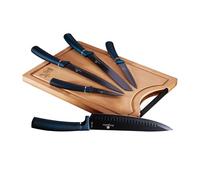 Berlinger Haus Aquamarine Juego 5 Cuchillos Cocina Profesional Tabla Cortar Bambú, Hoja Acero Inoxidable Recubrimiento Antiadherente, Cocinero, Cebollero, Pan, Rebanador, Pelar, Diseño Metallic Line