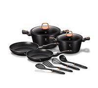 Berlinger Haus Black Rose Batería Cocina Inducción 10 Piezas, Antiadherente Mármol sin PFOA, Aluminio, Set 2 Cazuelas, 2 Tapas Cristal, 2 Sartenes, 4 Utensilios, Diseño Moderno, Vitrocerámica, Gas