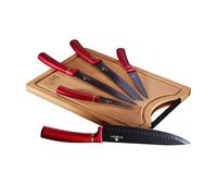 Berlinger Haus Burgundy Juego 5 Cuchillos Cocina Profesional Tabla Cortar Bambú, Hoja Acero Inoxidable Recubrimiento Antiadherente, Cocinero, Cebollero, Pan, Rebanador, Pelar, Diseño Metallic Line